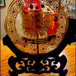 Vintage Chinese Filigree Enamel Cloisonné Gold Tone Wealth Ship Plate 10”